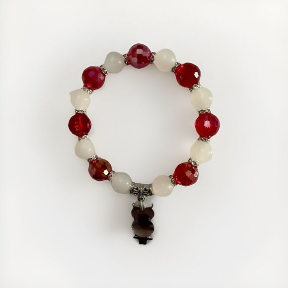 RED Faceted Bead Stretch Bracelet with White Gemstone Beads & Silver Owl Charm - Picture 2 of 2
